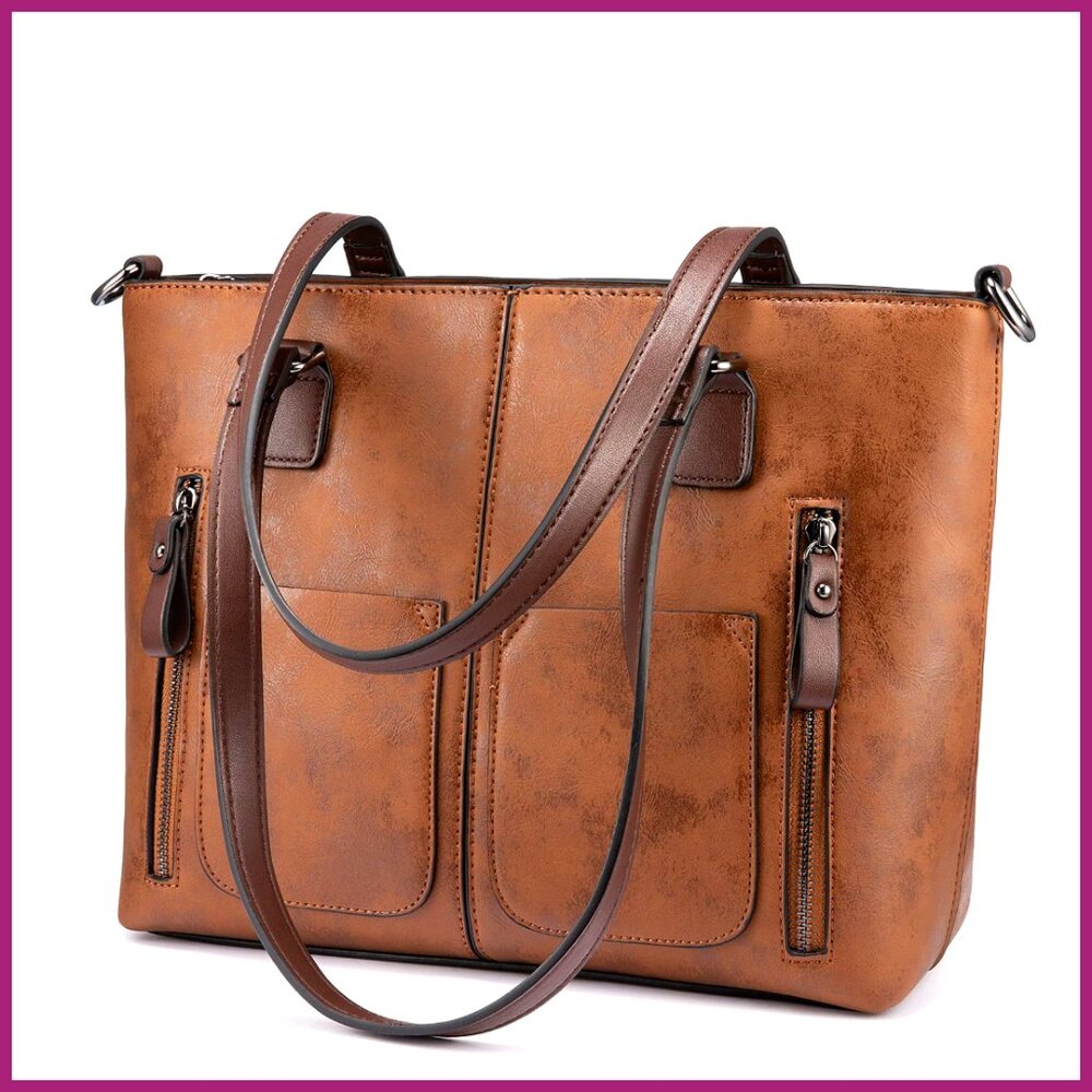 Faux Leather Tote Bag with Multi-Pockets, Adjustable Strap, Work Satchel